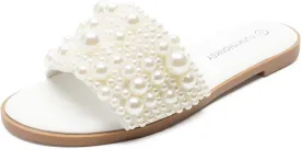 FUNKYMONKEY Women's Pearls Flat Sandals Slip-on Open Toe Dressy Summer Beach Casual Slide
