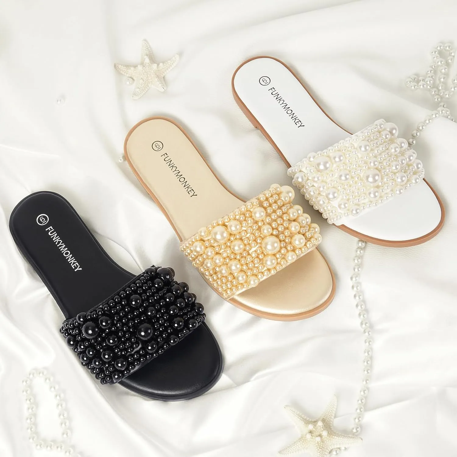 FUNKYMONKEY Women's Pearls Flat Sandals Slip-on Open Toe Dressy Summer Beach Casual Slide
