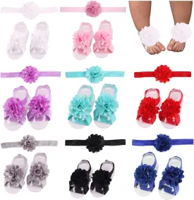 inSowni 8 Pairs Satin Shabby Flower Headbands & Barefoot Sandals for Baby Girl Toddlers