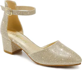 Little Girls Sandals Closed Toe High Heels Formal Dress Shoes Ankle Strap Pointed Toe Heeled for Little Big Kids in Wedding Party Block Chunky Pump Shoes