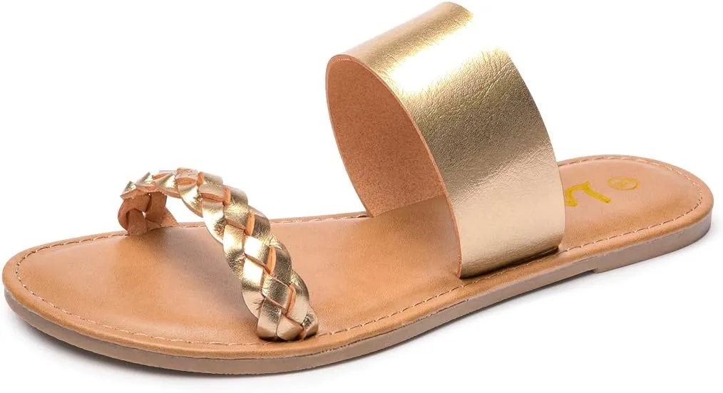 LM Women's Braided Slide Sandals Open Toe Two Band Slip On Flat Sandals Casual Summer Sandals