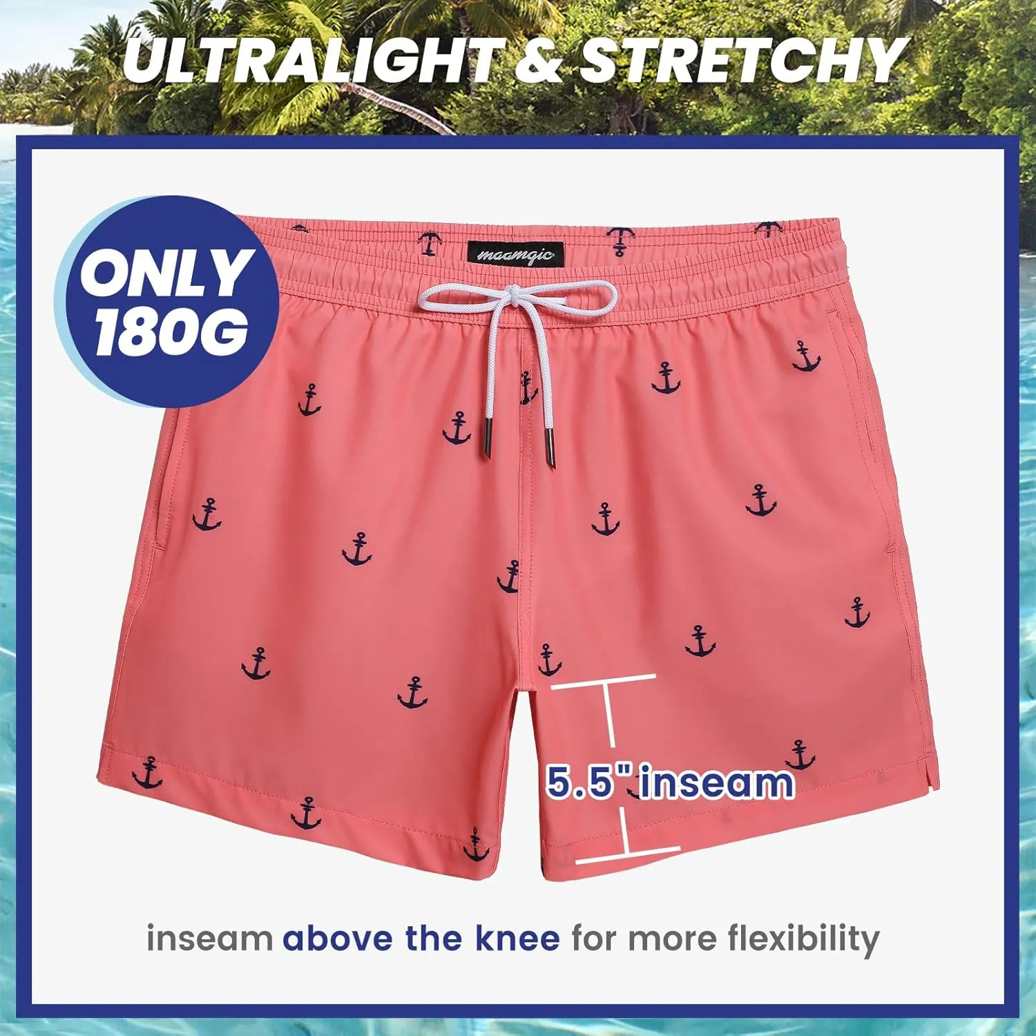 maamgic Mens Boys 80s 90s Vintage 4 Way Stretch Swim Trunks with Mesh Lining Quick Dry Swim Suits Board Shorts