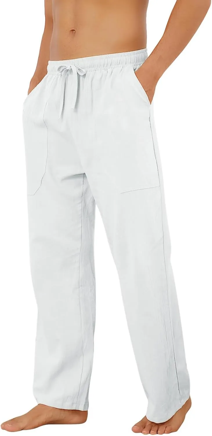 Puimentiua Cotton Linen Pants Men Casual Loose Fit Elastic Drawstring Waist Summer Beach Pants