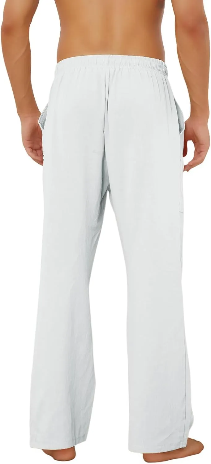 Puimentiua Cotton Linen Pants Men Casual Loose Fit Elastic Drawstring Waist Summer Beach Pants