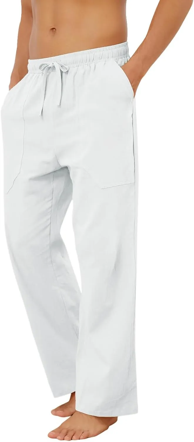 Puimentiua Cotton Linen Pants Men Casual Loose Fit Elastic Drawstring Waist Summer Beach Pants