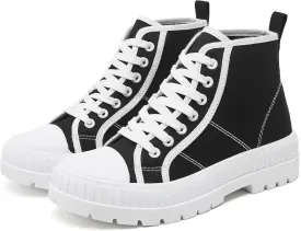 Rominz Women's White Platform Sneakers Fashion High Top Canvas Shoes for Women Black Lace-Up Canvas Sneakers Casual Platform Tennis Shoes